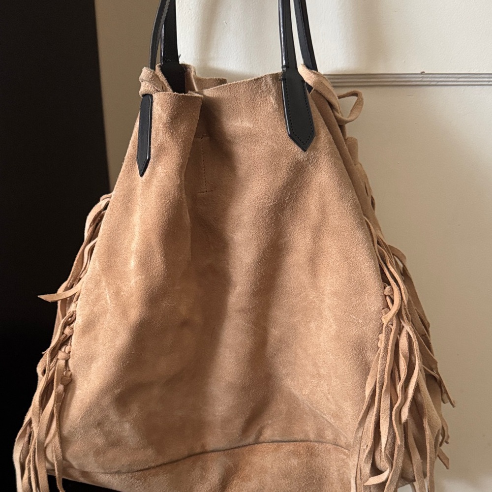 Suede Fringe Tote Bag in Tan